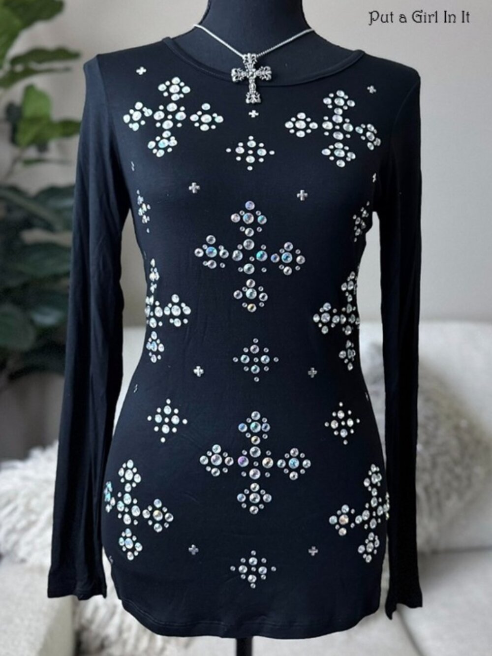 Vocal Apparel Women's Crystal Bling Embellished Black Long Sleeve Shirt S M L XL
